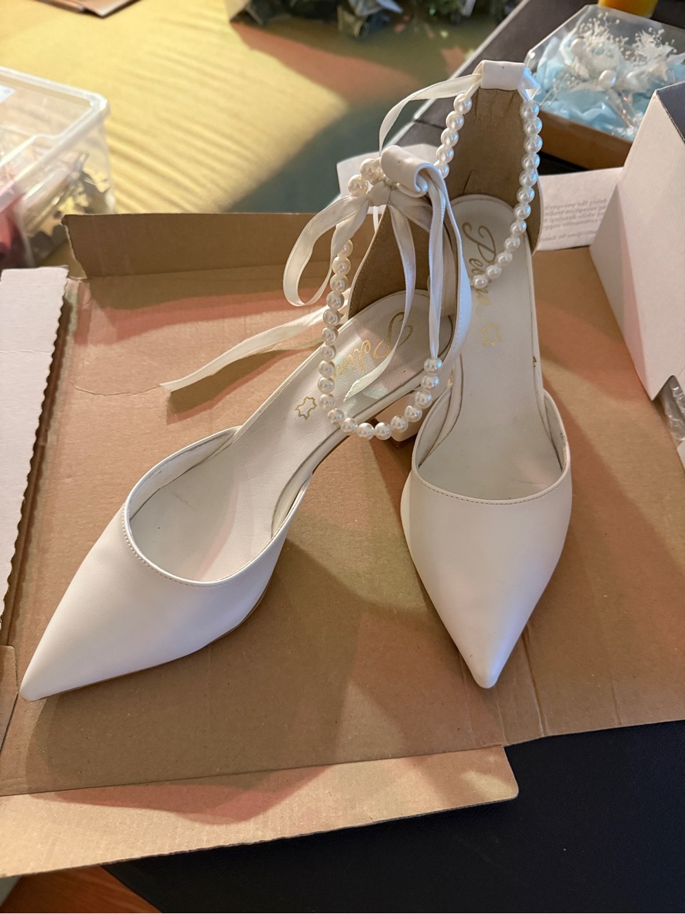Pearl Ankle-Tie Pointed Toe Heels - White